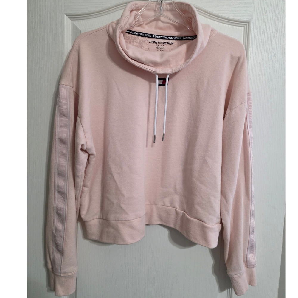 Tommy Hilfiger Sport Women Large Pink Cowl Neck Logo Tape Sweatshirt Cropped